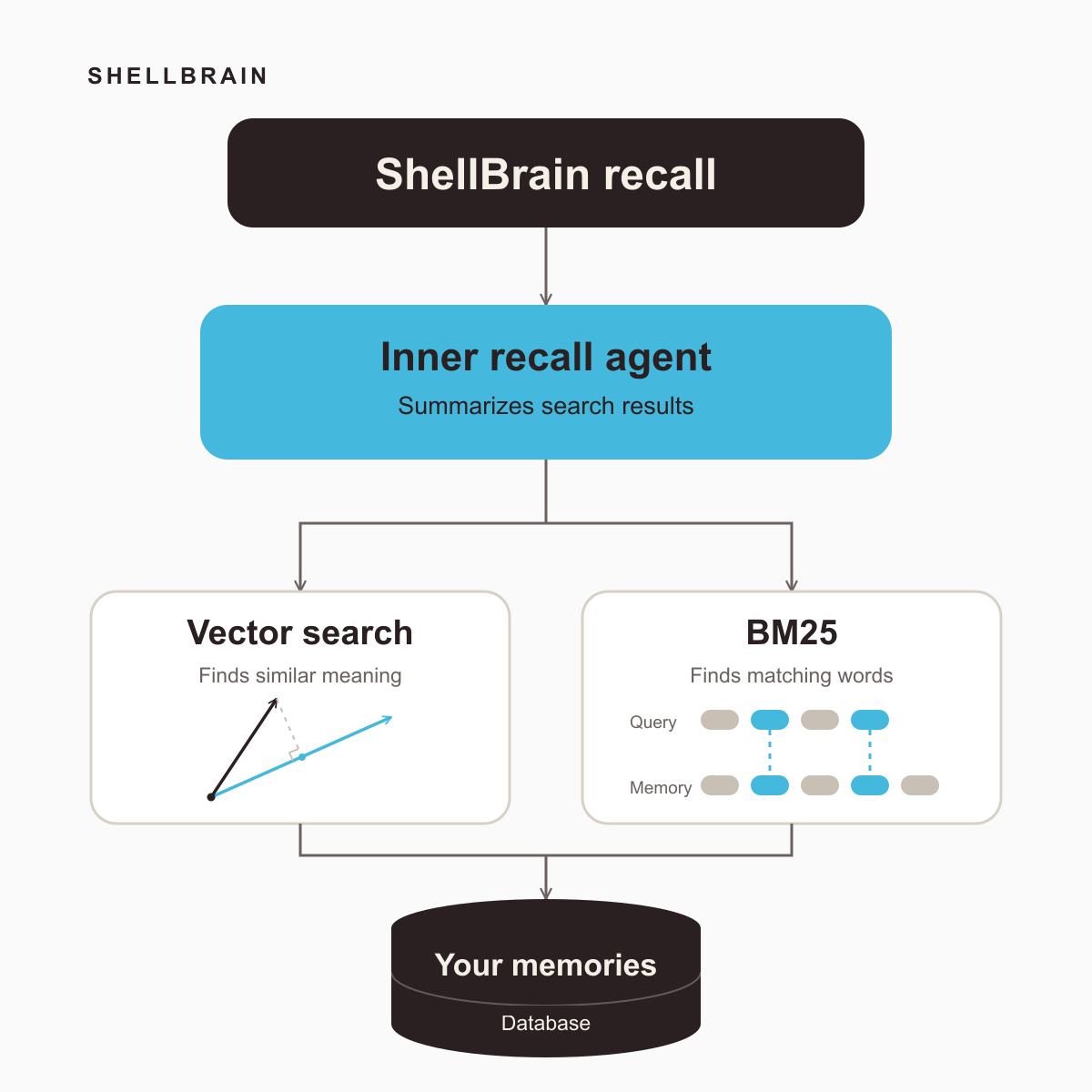 ShellBrain recall uses vector search and BM25 to search your memories. An inner recall agent summarizes the results.